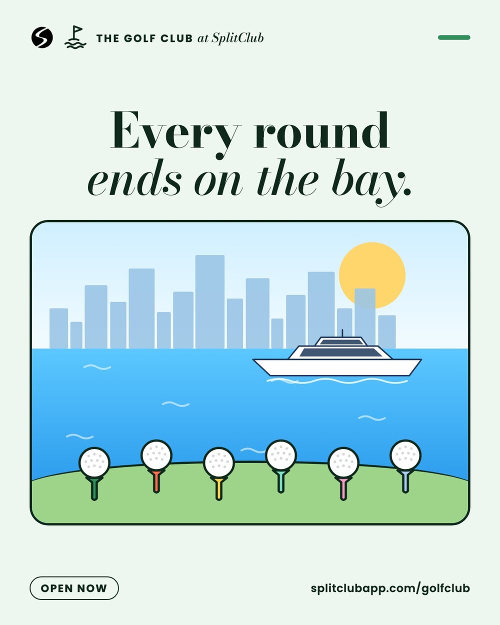 Every round ends on the bay. Six tees on the grass in front of Biscayne Bay and the city.