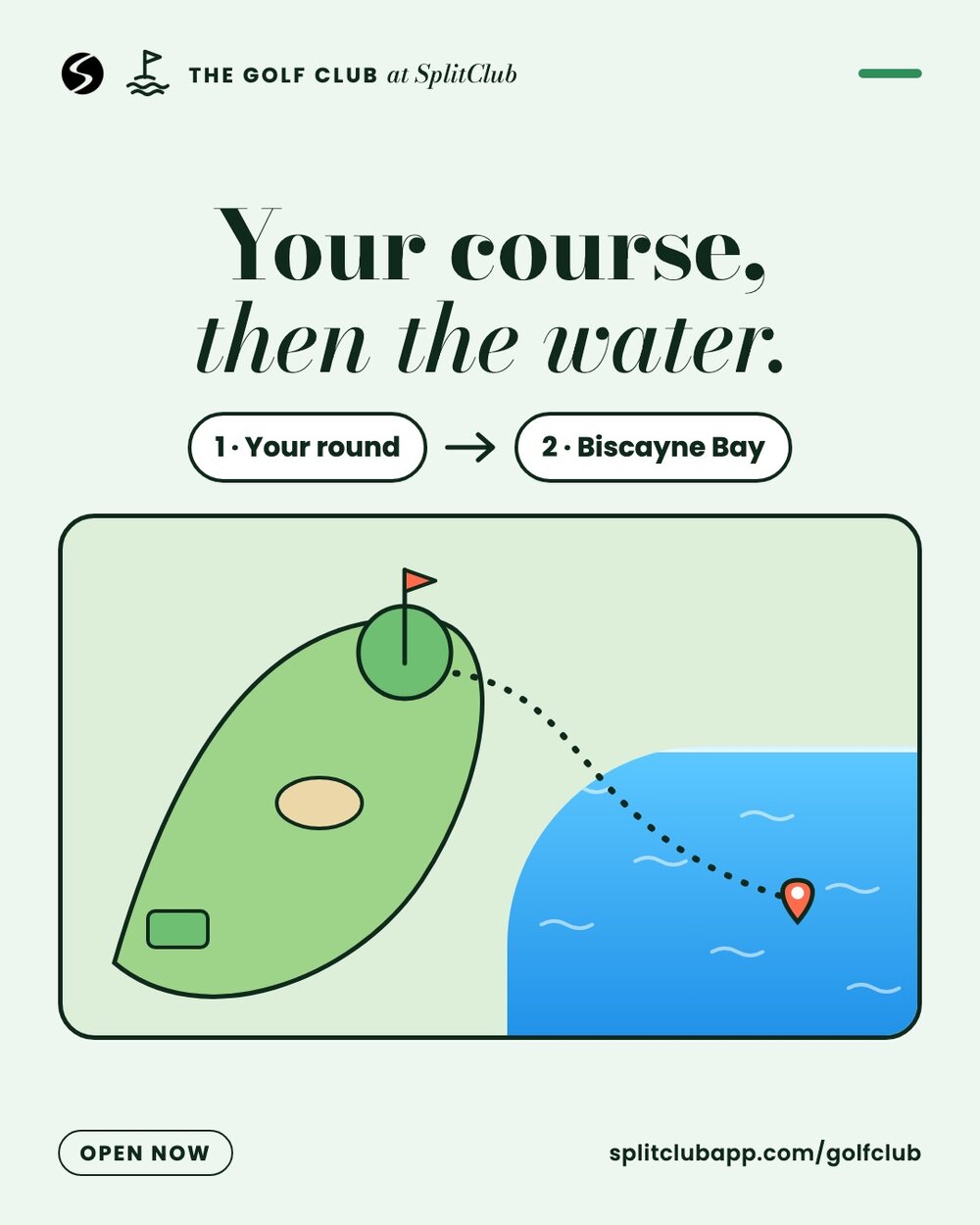 Your course, then the water. A ball's path from the green to a pin on the bay.