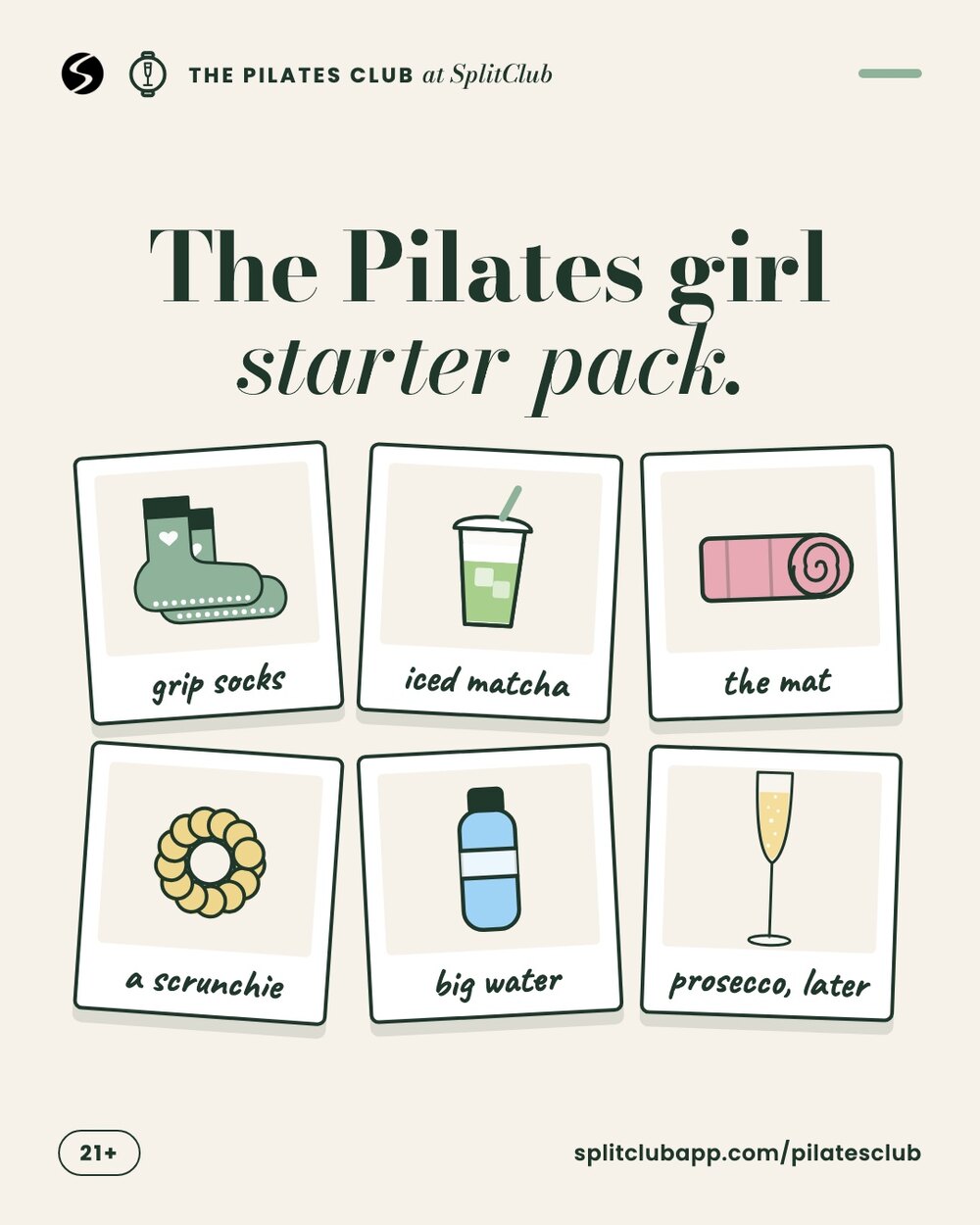 The Pilates girl starter pack: grip socks, iced matcha, the mat, a scrunchie, big water, prosecco later.