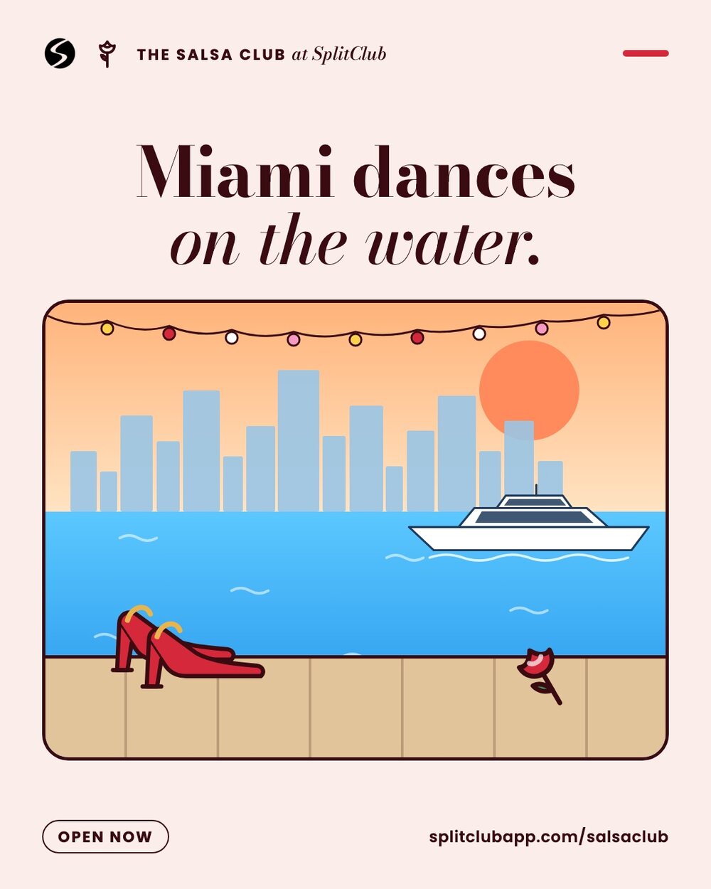 Miami dances on the water. Red heels and a rose on the dock, the city and a boat on Biscayne Bay.