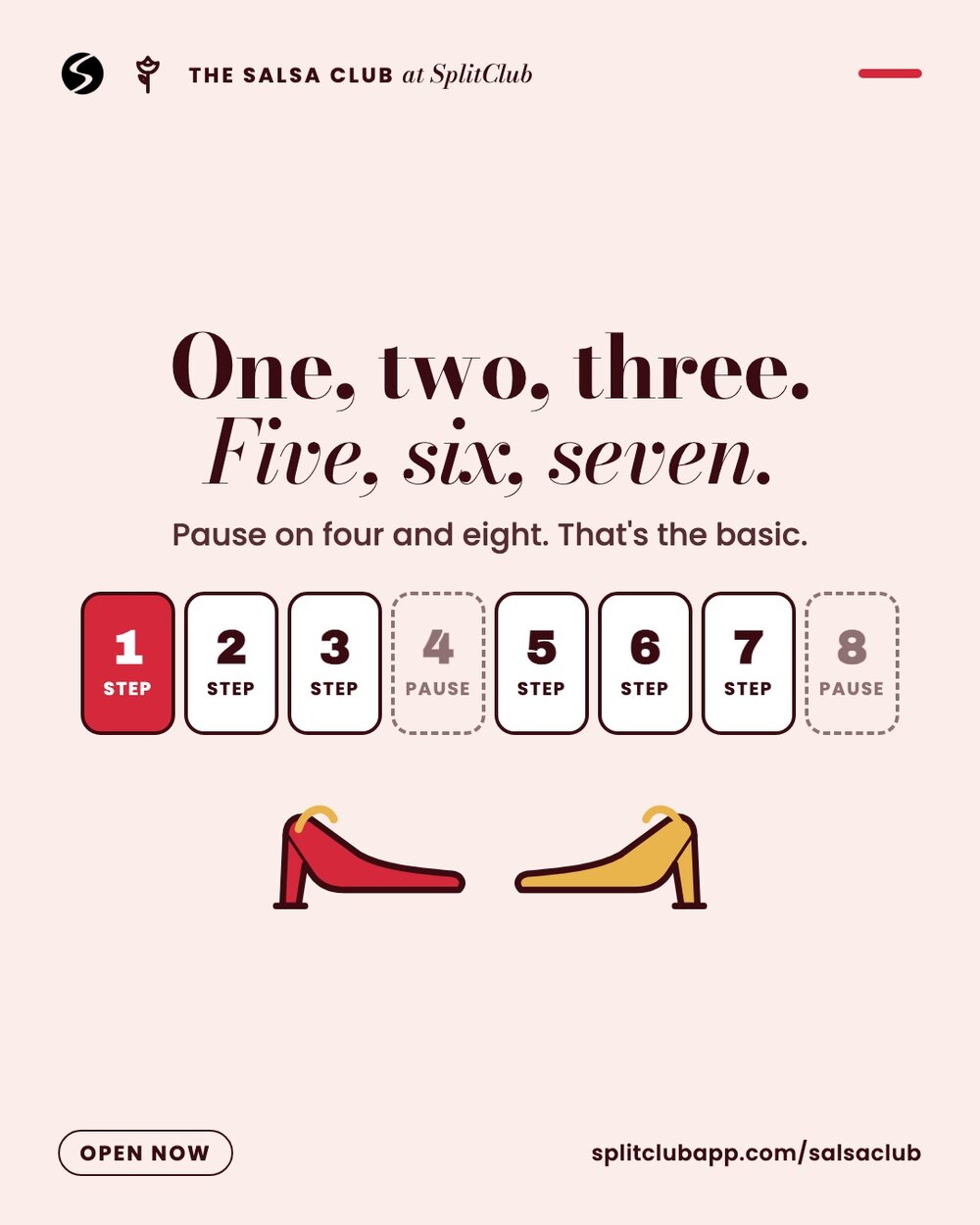 One, two, three. Five, six, seven. Pause on four and eight: the salsa basic.