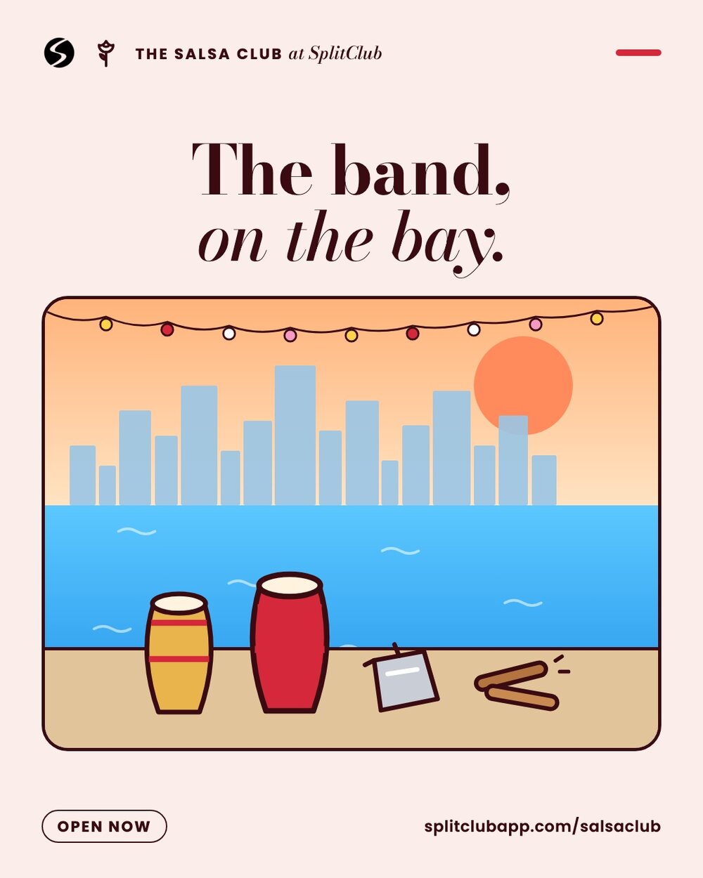 The band, on the bay. Congas, a cowbell and claves on the dock over Biscayne Bay.